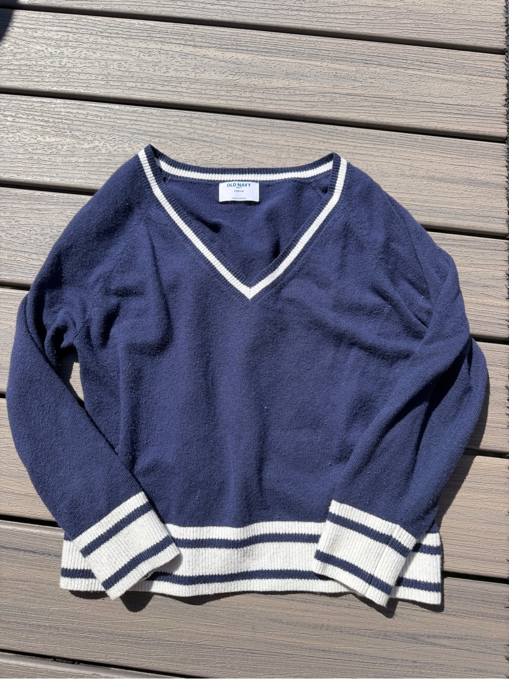 Old Navy Navy V‑Neck Sweater with Cream Stripe Trim